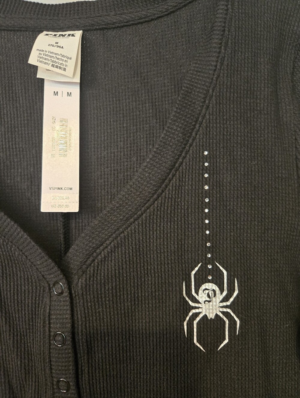 NWT!! Long Sleeve Black Short Romper with Crystal Spider and Web Graphic. Size M - Picture 2 of 5